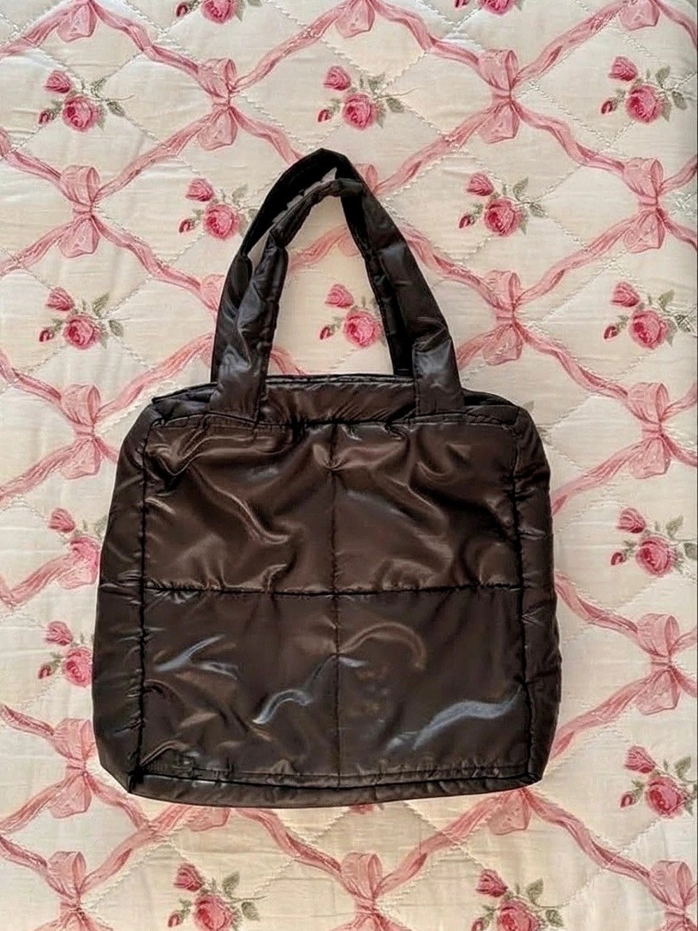 Black quilted puffer tote